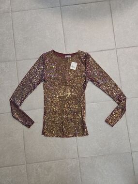 NWT Intimately By Free People Sequin Long Sleeve Crewneck Top in Gold & Pink